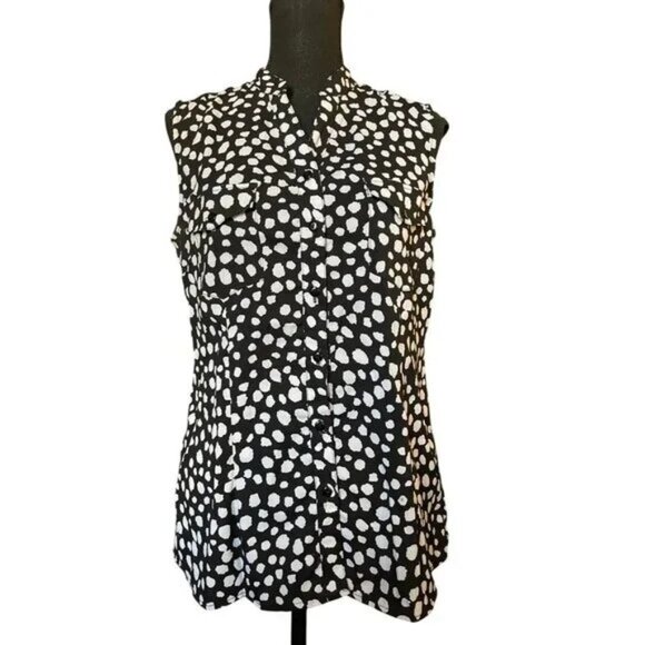 Notations Medium Sleeveless Tunic Top Black White Pattern Mandarin Neck Pocket - Picture 11 of 11